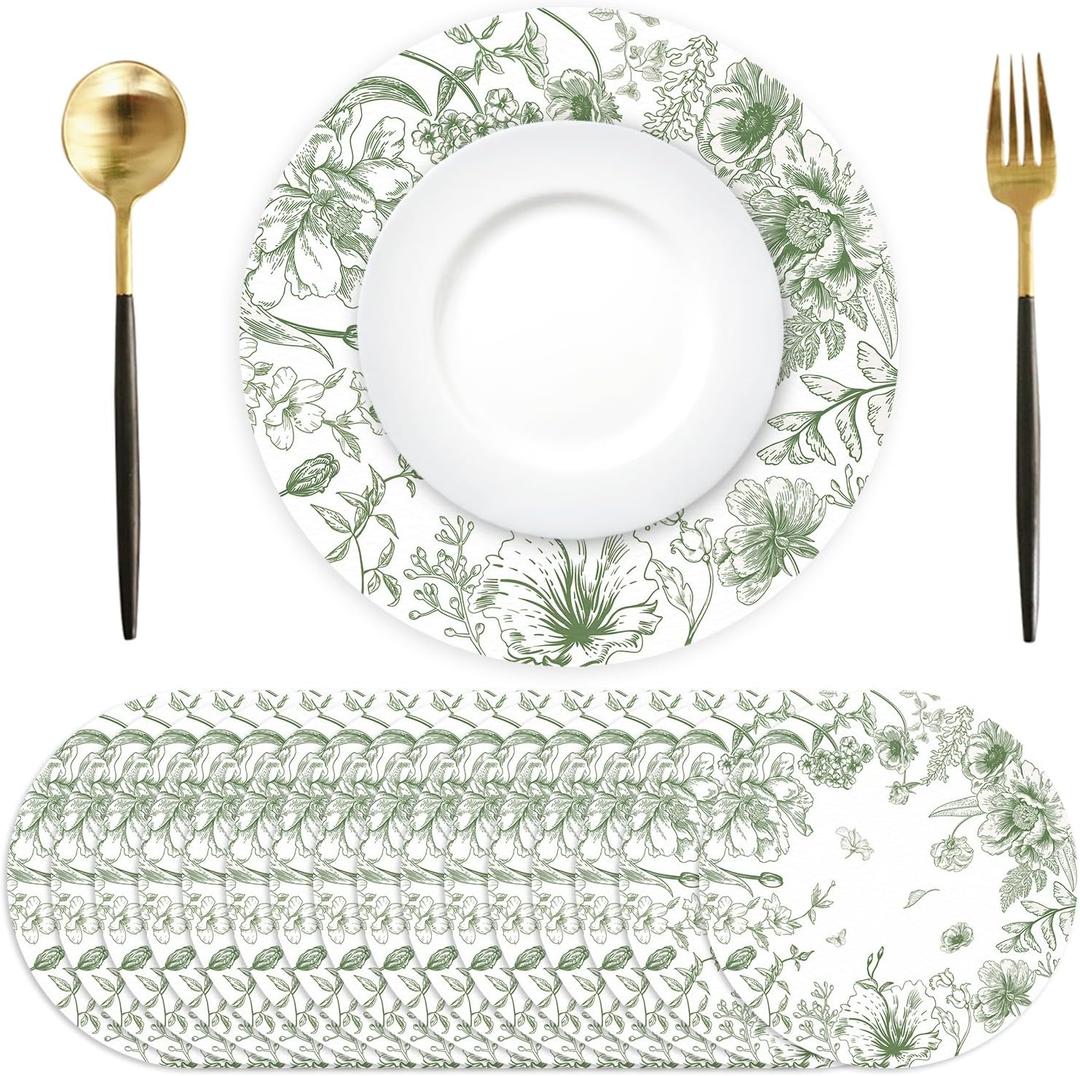 50 Pack Paper Placemats Disposable Green Floral Placemats 13.7 Inch Vintage Sage Green Flower Place Mats Chinoiserie Round Table Mats for Dinner Table Setting Birthday Wedding Party Supplies