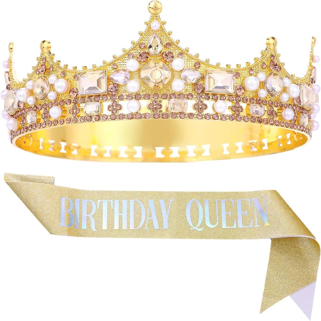 FORSEVEN King Crown for Men Crystal Pearl Wedding Tiaras Birthday Party Round Crowns Christmas Crowns (Gold&Sash)