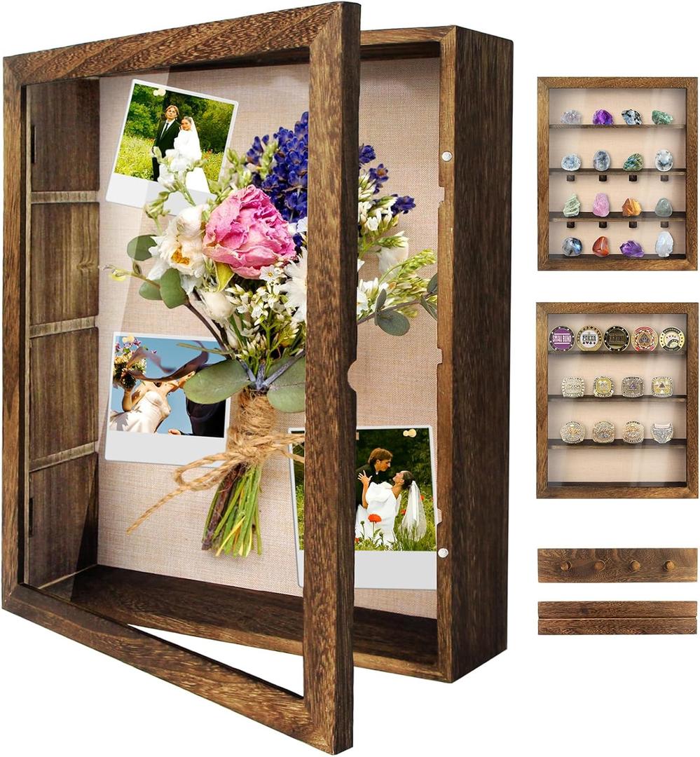 Shadow Box Frame 11x14, Deep Shadow Box Display Case with Linen Back and Removable Shelves, Wooden Memory Box for Wedding Bouquet, Photos, Medals, Keepsakes (Brown)