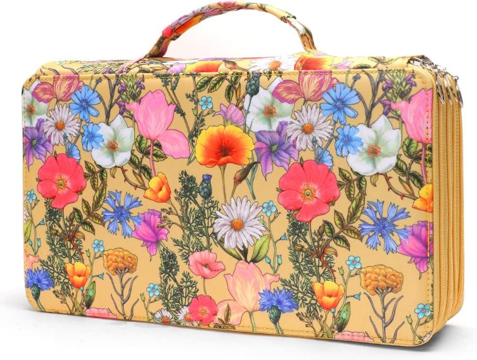 Colored Pencil Case - Large Capacity Colored Pencil Holder with Zipper Closure Twill Fabric Pencil Case for 300 Colored Pencils or 200 Gel Pen, Pencil Case Organizer for Artist (Yellow Flower)