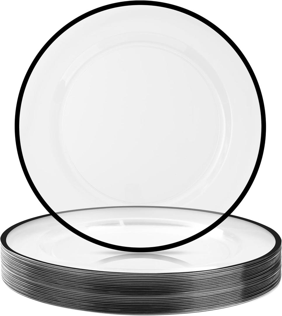 12 Inch Disposable Charger Plates, 25 Pack Plastic Clear Plates with Black Rim, Perfect Table Decor for Party, Wedding, Dinner