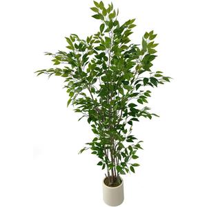 Artificial Ficus Tree with Green Leaves, 6ft Tall, Indoor Plant with Decorative Beige Planter