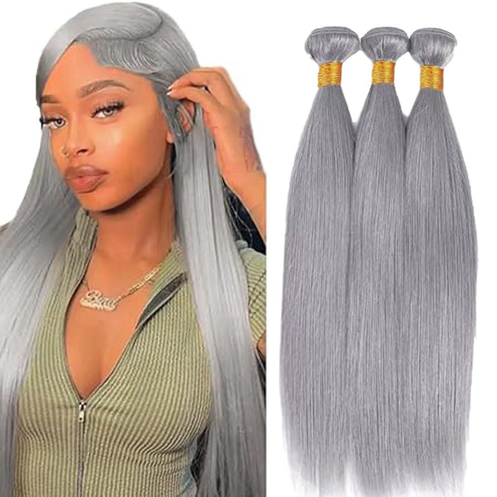Bundles Human Hair 26 28 30 Inch Sliver Grey Straight Wave Human Hair Bundles Sliver Grey Unprocessed Brazilian Virgin Quick Weave Hair for Black Women