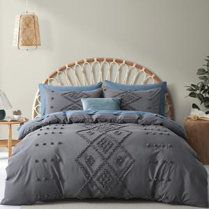 Oli Anderson Tufted Duvet Cover King Size, Soft and Lightweight Duvet Covers Set for All Seasons, 3 Pieces Boho Embroidery Shabby Chic Bedding Set (Grey, King, 104" x 90")