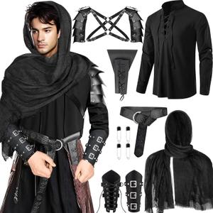 7 Pcs Men's Renaissance Costume Set Medieval Pirate Shirt Viking Shawl Belt Shoulder Armor Sword Bag Cosplay, M