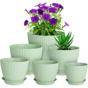 7/6.2/5.5/5/4.5/4 inch Plant Pots, 6 Pack Flower Pots for Small Indoor Outdoor Plants, Plastic Planters with Drainage Holes and Saucers for Garden Succulent House Plants, Green