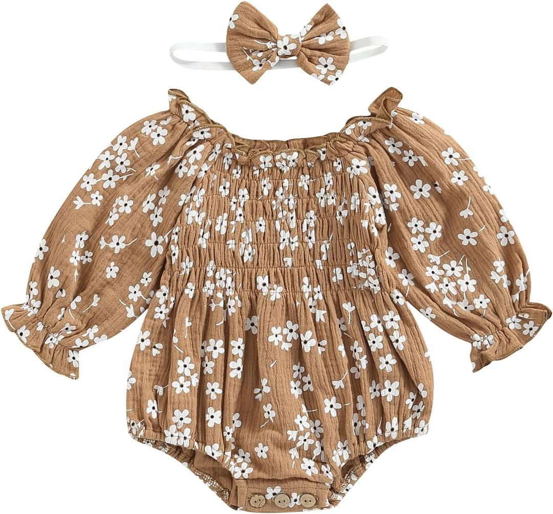 2pcs Infant Baby Girls Romper Dress Headband Long Sleeve Clothing Flowers Newborn Boho Girl Outfit Jumpsuit Clothes (0-6 Months, Brown)