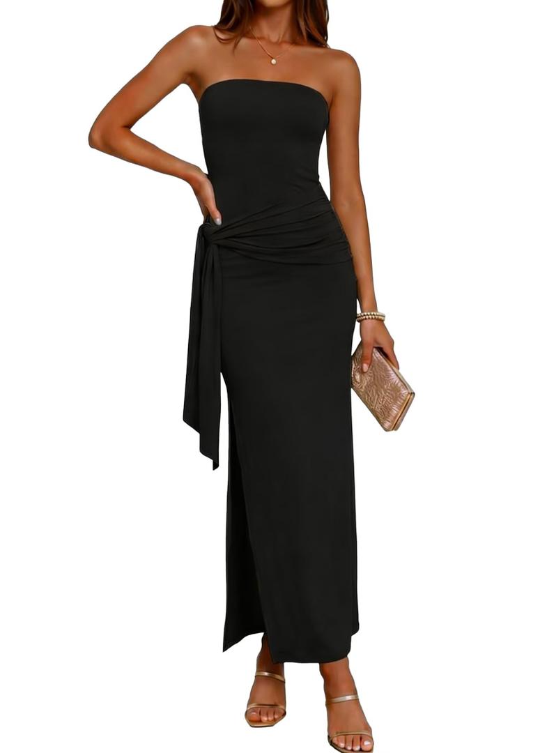 AWASIR Women's Bodycon Long Dresses Strapless Tube Top Side Slit Maxi Dress Black S