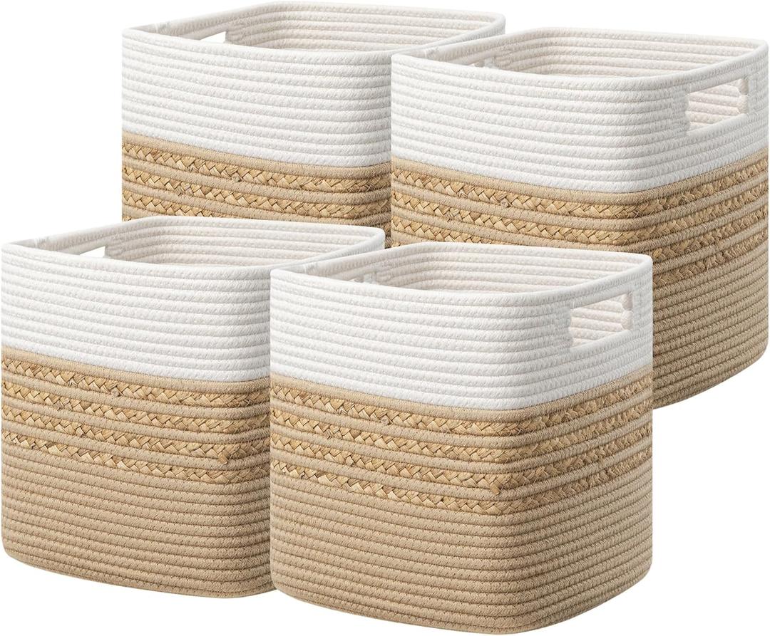 UBBCARE Set of 4 Storage Cubes 11 X 10.5 X 10.5 in, Water Hyacinth Storage Bins for Shelves, Toys, Book, Storage Baskets with Handles, Cotton Rope Woven Baskets for Organizing, Brown