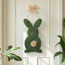 Easter Moss Bunny Wreath for Front Door Fake Moss Bunny Hanging Sign Wooden Swag with Burlap Bow for Spring Porch Wall Door Decor Indoor Outdoor Easter Decorations, 15.8 Inch