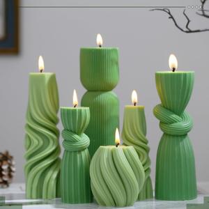 6 Pcs Pillar Candles Modern Aesthetic Ribbed Decorative Candle Set Cute Soy Wax Scented Ribbed Decor for Home(Green,3.39-9.06 Inch)
