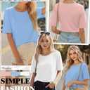 Huukeay 3 Pcs Womens Half Sleeve Top Elbow Length T Shirt Women Round Neck Basic T Shirt Summer Casual Blouses(Large,Coral Pink, Sky Blue, White)