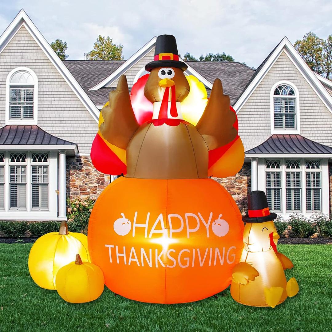 Thanksgiving Inflatables Turkey Outdoor Decorations - Blow Up Turkey Inflatable Yard Lawn Decorations, 6FT Turkey on Pumpkin with Build-in LED Lights