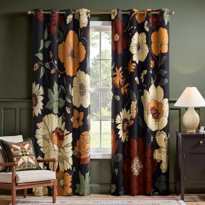 jinchan Lora Floral Curtains for Bedroom Blackout Drapes for Living Room Darkening Fabric Vintage Black Boho Flower Pattern Fall Decor Window Curtains 90 Inches Length 2 Panels with Grommet
