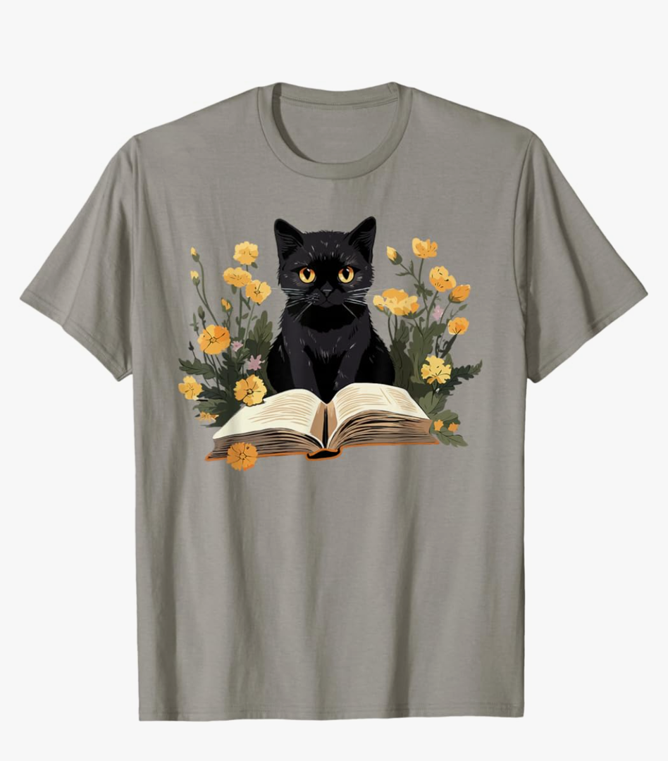 Cat Shirts for Women Book Lover Shirt Cute Cat and Book T-Shirt, Gray 