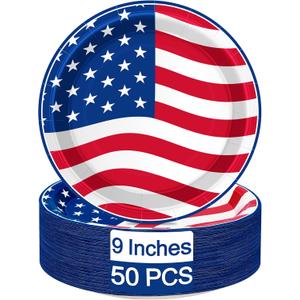 QZYL 50 PCS 4th of July Plates, 9 Inches Heavy Duty Paper Plates, Round Disposable Plates for Party, Paper Tableware for Veterans Day Memorial Day Patriotic Independence Day Party Decorations