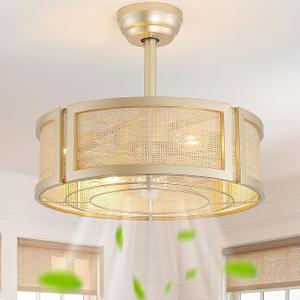 20" Gold Fandelier Ceiling Fans with Lights, Boho Rattan Ceiling Fan with Light Remote Control, Caged Mid-Century Modern with 6 Speeds for Bedroom, Nursery, Living Room