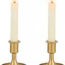 Gold Taper Candle Holder Set of 2, Hewory Short Skinny Brass Candlestick Holders, Vintage Small Low Metal Candles Sticks for Wedding Centerpieces Christmas Birthday Party Holiday Dinning Table Decor (Gold-2pcs)
