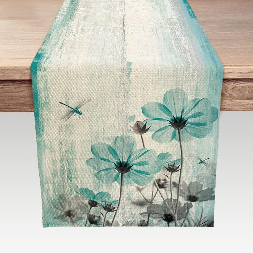 Teal Flower Table Runner, Vintage Farmhouse Country Floral Rustic Wood Table Runners for Dining Room, Kitchen, Living Room, Holiday and Party Table Decor 13 x 72inch