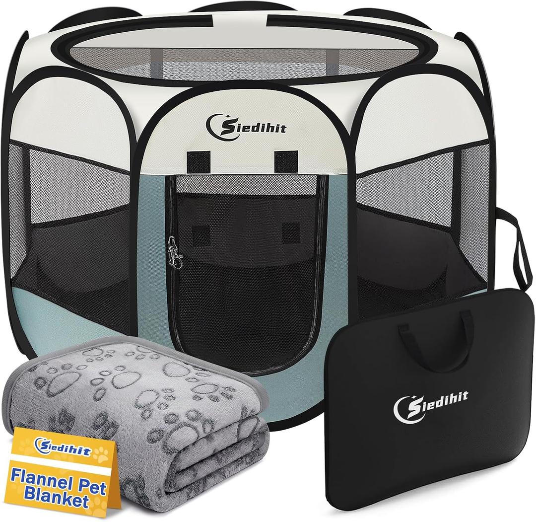 Sieidihit Dog Cat Playpen Tent Crate Cage with Blanket, Medium Grey