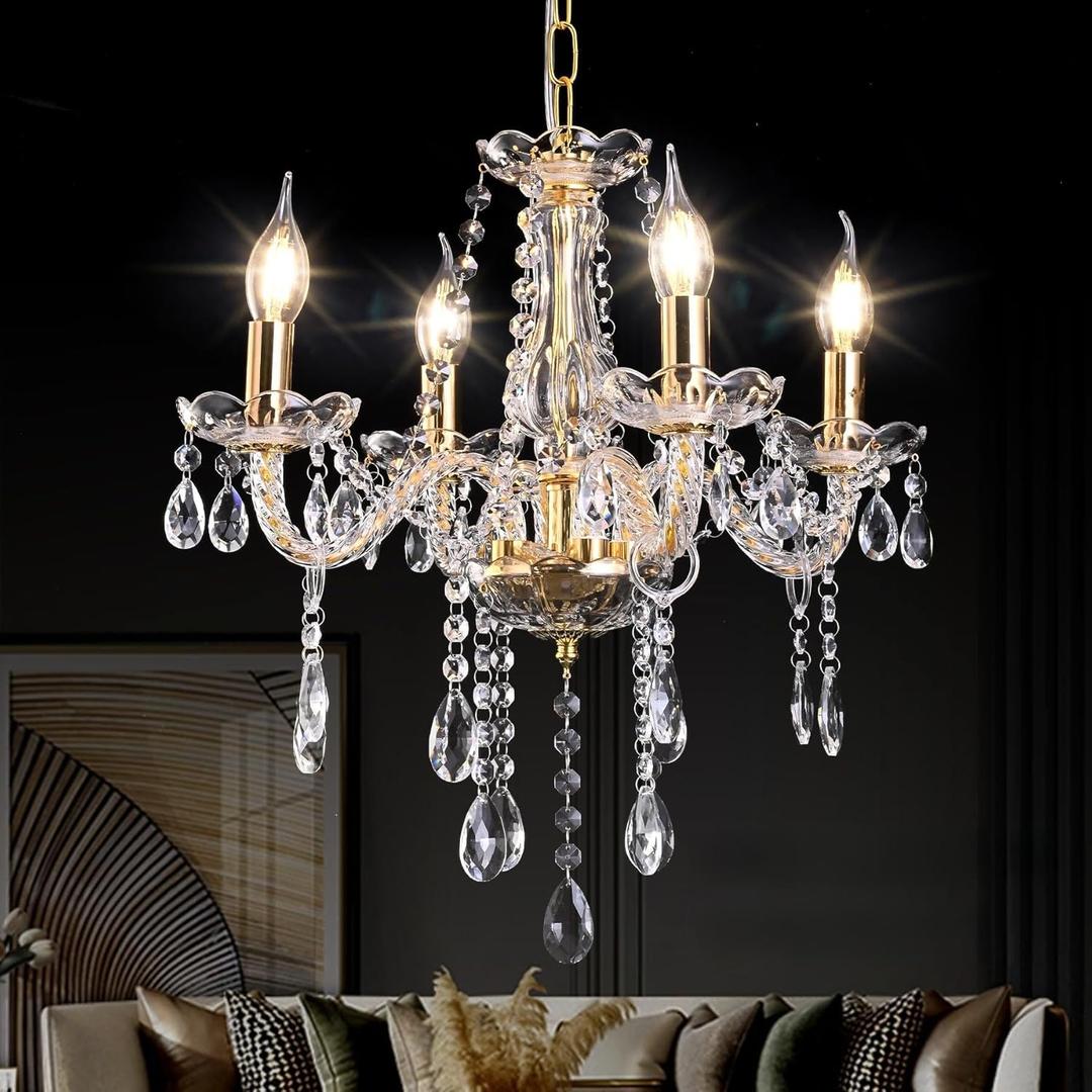 Small Gold Crystal Chandeliers for Living Room, Mini Plug in Chandelier for Bedrooms, Pendant Ceiling Lighting Fixture, Modern Elegant Glass Chandeliers for Dinging Room, Girl's Room, Wedding Party