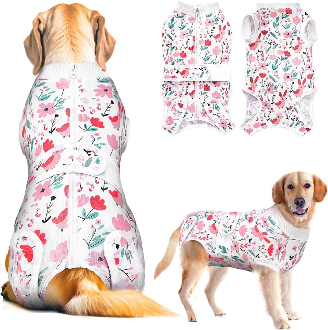 Lukovee Recovery Suit for Dogs, Zipper On Dog Surgery Suit for Female Male Dog, Onesies Bodysuit Prevent Licking Spay Abdominal Wounds Bandages E-Collar Alternative (Pink, L)