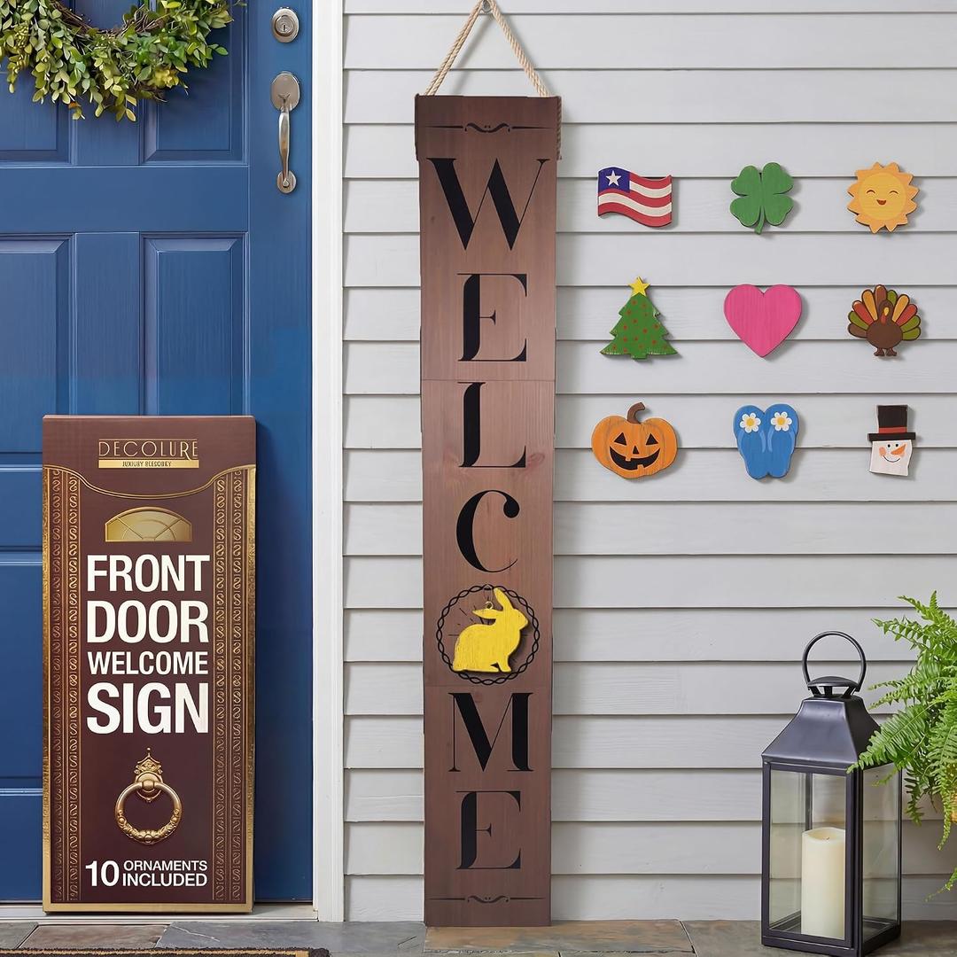 DECOLURE Welcome Sign for Front Porch - Tall Solid Wood Porch Door Sign with 10 Magnetic Seasonal & Holiday Pieces, Rustic Farmhouse Outdoor Decor for Year Round Welcoming Entryway (Porch Brown), 50 inches tall