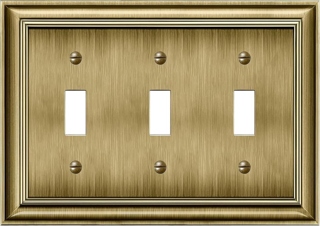 BESTTEN Triple Toggle Light Switch Wall Plates, 3-Gang Midsize Metal Switch Plate Covers, Corrosion Resistant, Polished Brass