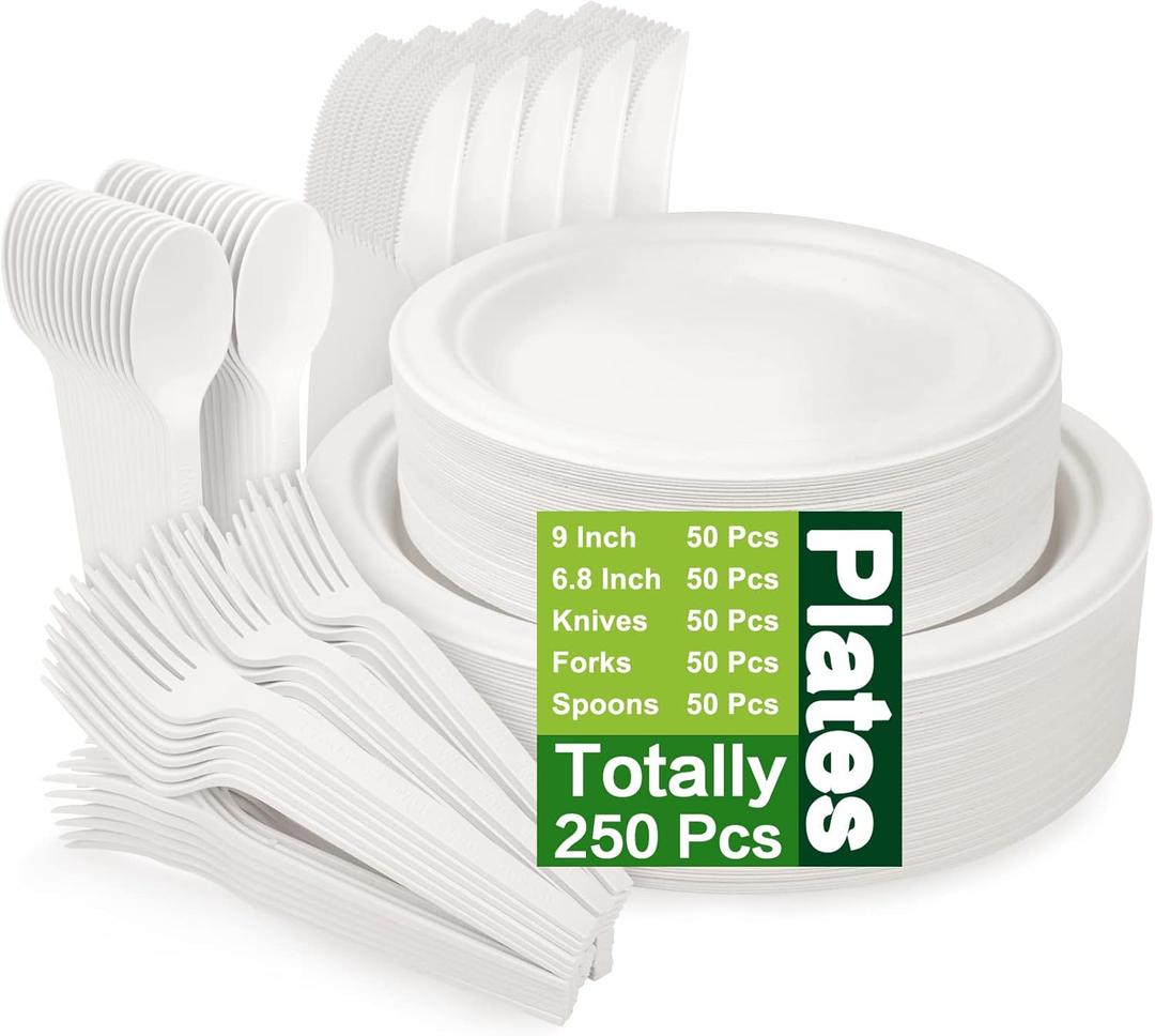 250 Piece Compostable Plates, Sugarcane Paper Plates with Extra Long Utensils, Eco Friendly Disposable Dinnerware Set Biodegradable Cutlery, Spoons, Forks and Knives for Party, Camping, Picnic(White)