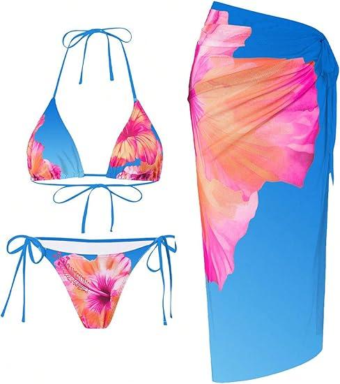 ZAFUL Women's 3 Piece Swimsuit Floral Halter Triangle String Bikini Tie Side Bottom with Boho Cover Up Skirt, Blue, S