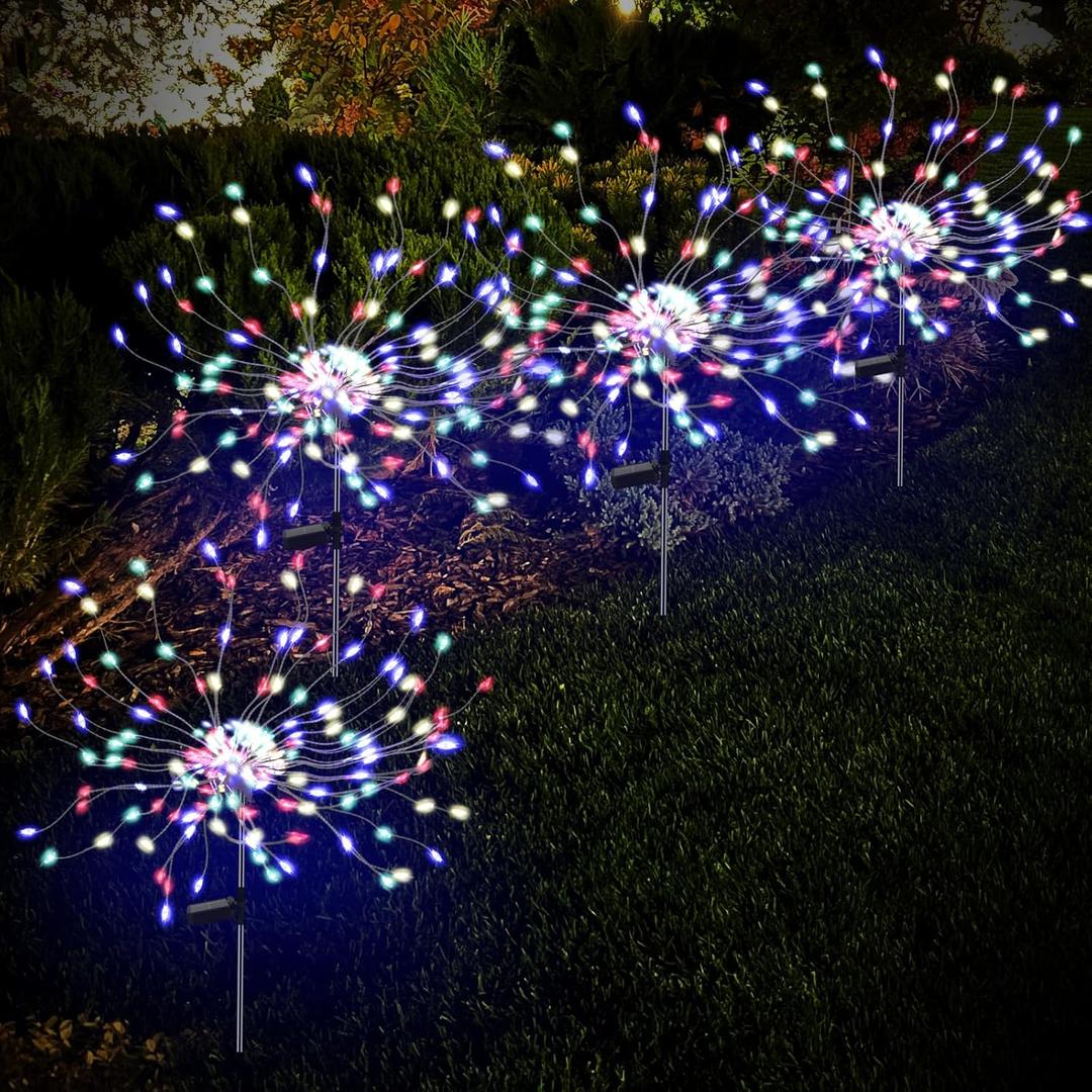 4 Pack 175 LED Solar Garden Light for Yard,Firework Lights Outdoor Waterproof with 2 Modes Twinkling Light, Sparkly Starburst Lights for Wedding Walkway Halloween Christmas Decor(Colorful)