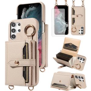 Wallet Case for Samsung Galaxy S21 Ultra 5G & Tempered Glass Screen Shoulder Strap Ring Buckle Flip Organ Purse, PU Leather Card Holder Stand Phone Cover for S21ultra 21S S 21 21ultra G5 White