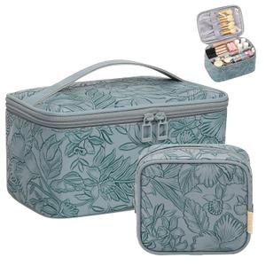 OCHEAL Makeup Bag Set, Portable Travel Makeup Bags Cosmetic Organizer Bag for Women Cute Floral Cosmetic Pouch Large Capacity Make up Bag PU Leather Toiletry Bags with Divider and Handle-Blue