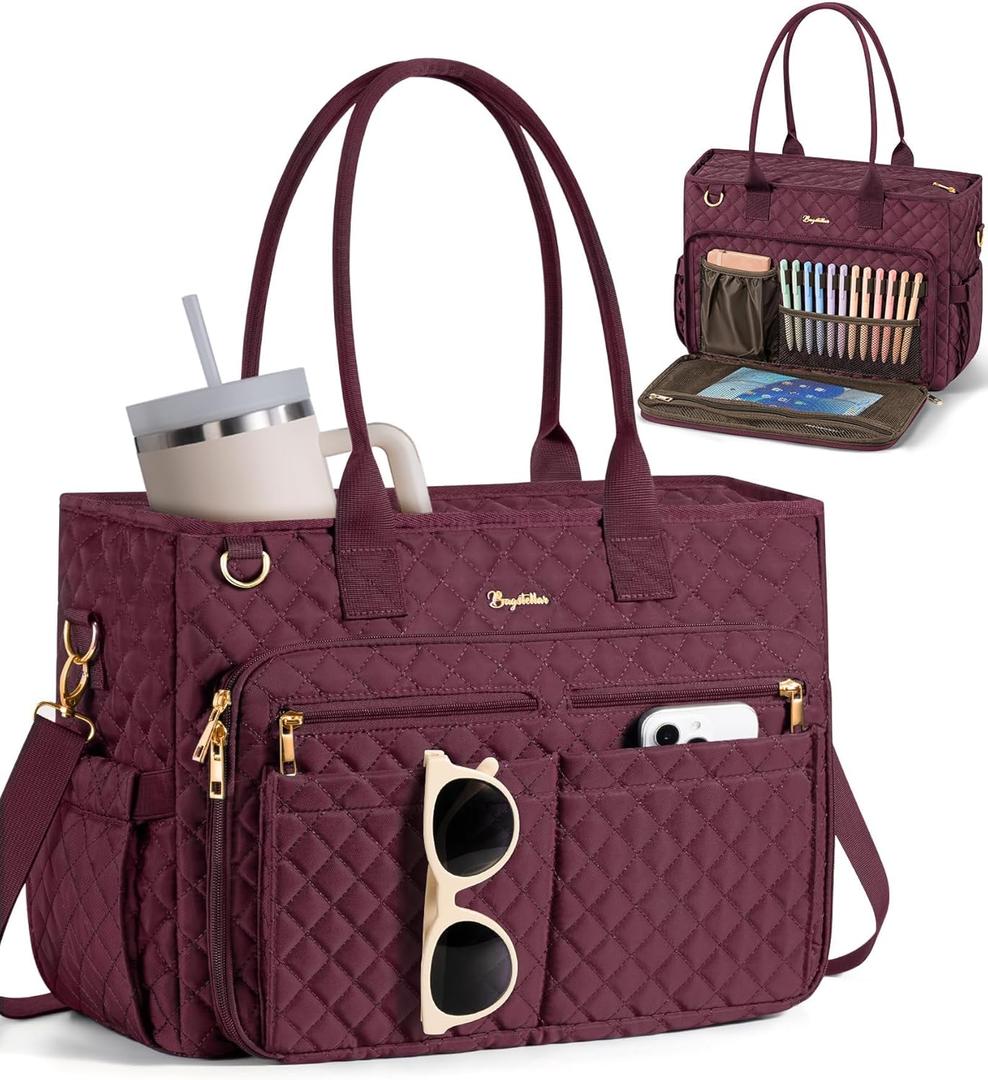 Teacher Bags for Women, 15.6 inch Laptop Work Tote Bag Quilted Nurse Bible Computer Shoulder Bag for School Travel | Dream Tote Work Bag, with 40oz Cup Holder, Insulated Pocket, Zipper & Strap, Office Briefcase, Ideal Gift for Women (Burgundy)
