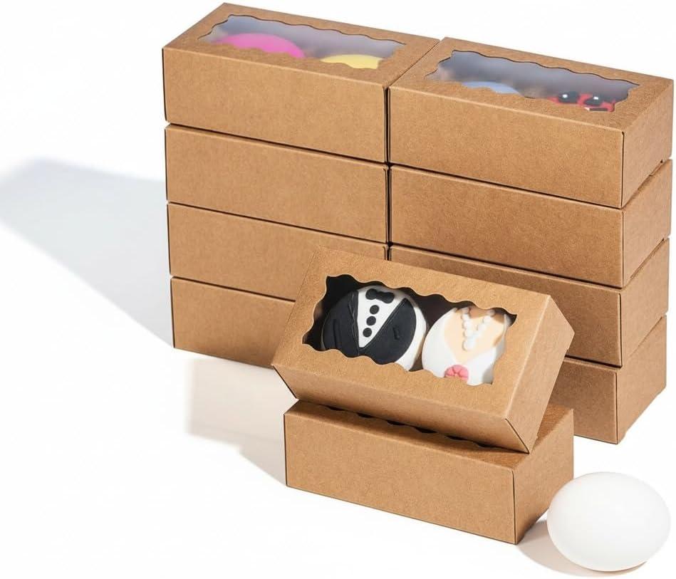 JCXGRVC small treat boxes with window - 100pcs candy box for chocolate & bakery treats Macaron Packaging for Wedding 4.17 x 2.16 x 1.37 inches macaron boxes for 2 (Natural Kraft Brown)