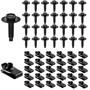 Upgraded 60PCS M6-1.025mm Extruded U Nuts and Hex Head SEMS Bolts Kits Automotive Body Screws Clips(30 Sets)  Fender Liner Screw with U Clips, Black M6x1.0 Body Bolts for Bumpers,Fenders
