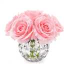 7 Large Stem Rose Artificial Flowers in Vase, Silk Flowers Arrangement in Round Glass Vase Without Water for Home Decor, Wedding Table (Pink)