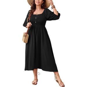 SHESTARR Women's Plus Size Casual Dresses Square Neck Button Up Smocked 3/4 Puff Sleeve Empire Wasit A-line Flowy Midi Dress (Black, XXL)