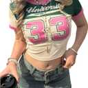 Women's Retro Jersey Shirts Number Graphic Short Sleeve Crop Tops Crewneck Tight T Shirt Streetwear (L)