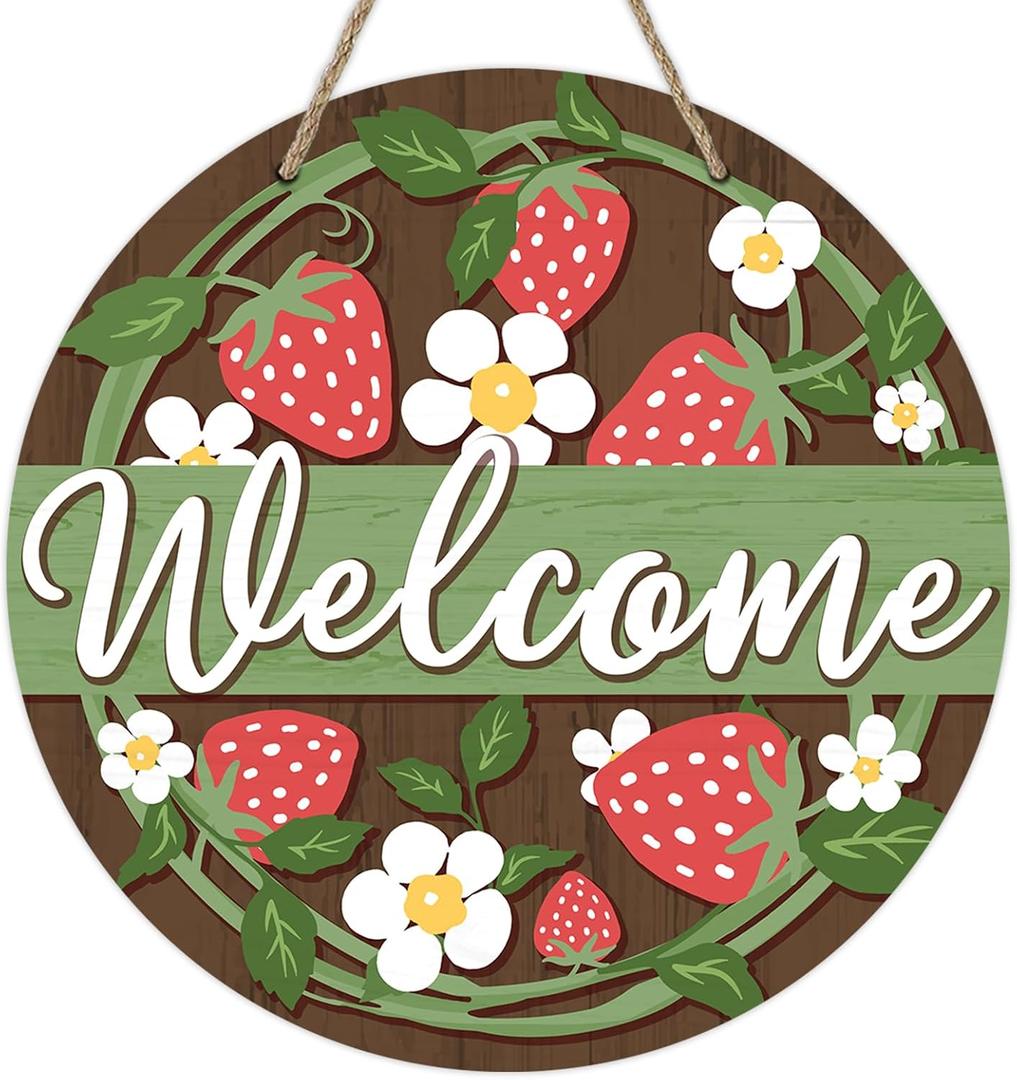 Deroro Welcome Spring Summer Strawberry Front Door Sign, Daisy Flower Farmhouse Wood Door Hanger Outdoor Outside Porch Decor, Rustic Seasonal Wooden Wreath Indoor Wall Hanging Decoration