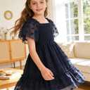 Girls Dress Summer Puffy Sleeve Embroidery A Line Chiffon Double Layer Smocked Shirred Kids Party Dresses, Size 14-15 Y