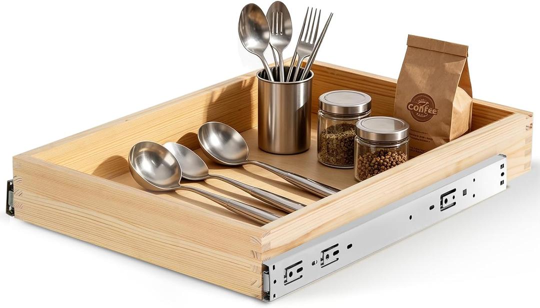 Wooden Pull Out Cabinet Organizer for Kitchen Fully Assembled 15" W x 21" D x 3" H Solid Wood Drawer with Soft Close Slides Bottom or Side Mount for Pantry Bathroom Bedroom Dining Room Storage