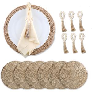 Boho Woven Placemats Set of 6 with Wooden Napkin Rings, 13" Natural Water Hyacinth Rattan Wicker Table Mats Charger Plates for Christmas Decorations, Thanksgiving, Rustic Dining & Home Decor