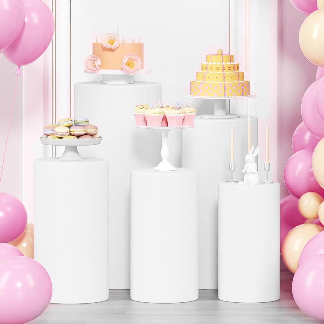 LEBENGURU 5Pcs Cylinder Pedestal Stand Covers White, Round Spandex Display Pedestal Covers, Elastic Cloth Plinth Pillar Cover for Parties Wedding Birthday Event Decor Props (Only Covers)