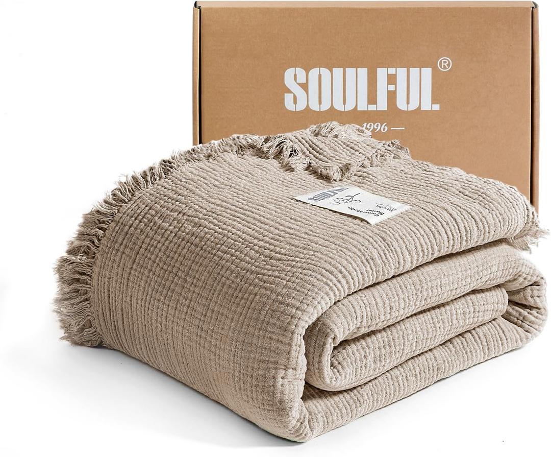 SOULFUL Muslin Throw Blanket with Tassels - Soft Queen Cotton Throw Blanket for Couch or Bed, Lightweight and Breathable Gauze for All Seasons, Light Tan, 90" x 90"