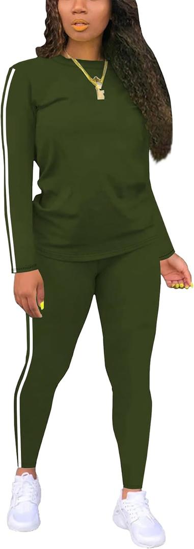 Women's 2 Piece Classic Striped Outfits Full Sleeve Lounge Long Sweatpants Jogger Matching Tracksuits Sports Sets (XX-Large, Green)