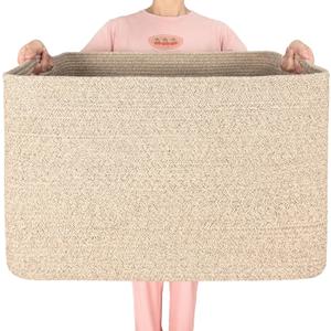 MINTWOOD Design 112L Extra Large Blanket Basket Holder Living Room, 25"x17"x16" Rectangle Rope Woven Storage Basket with Handles for Laundry, Towels, Shoes, Dog Toy Organizer Bin Box, Oatmeal Brown