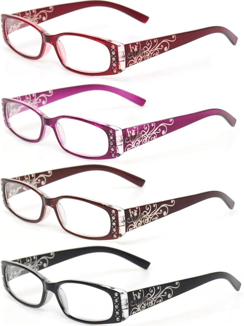 Kerecsen 4 Pairs Ladies Reading Glasses Spring Hinge with Laser Pattern Readers (4 Pack Mix Color-2)
