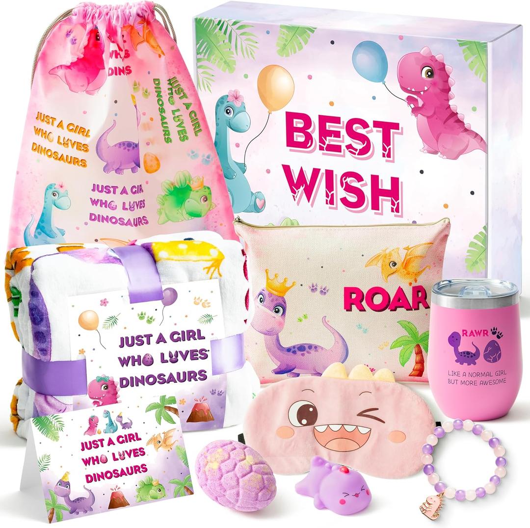 BeYumi Pink Dinosaur Gift for Girls Age 6-8 Birthday Gift Box for 3 4 5 6 7 8 9 10 11 12 Years Old Toddler Girls Basket with Blanket Throw Water Bottle Cosmetic Bag Bracelet for Teens