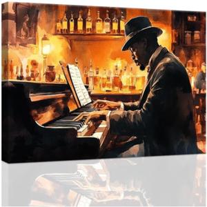 ZXHYWYM Black Music Canvas Wall Art African American Jazz Painting Music Playing Art Musical Instruments Prints Music Themed Men's Room Home Decor Framed (Black, 16.00" x 24.00"